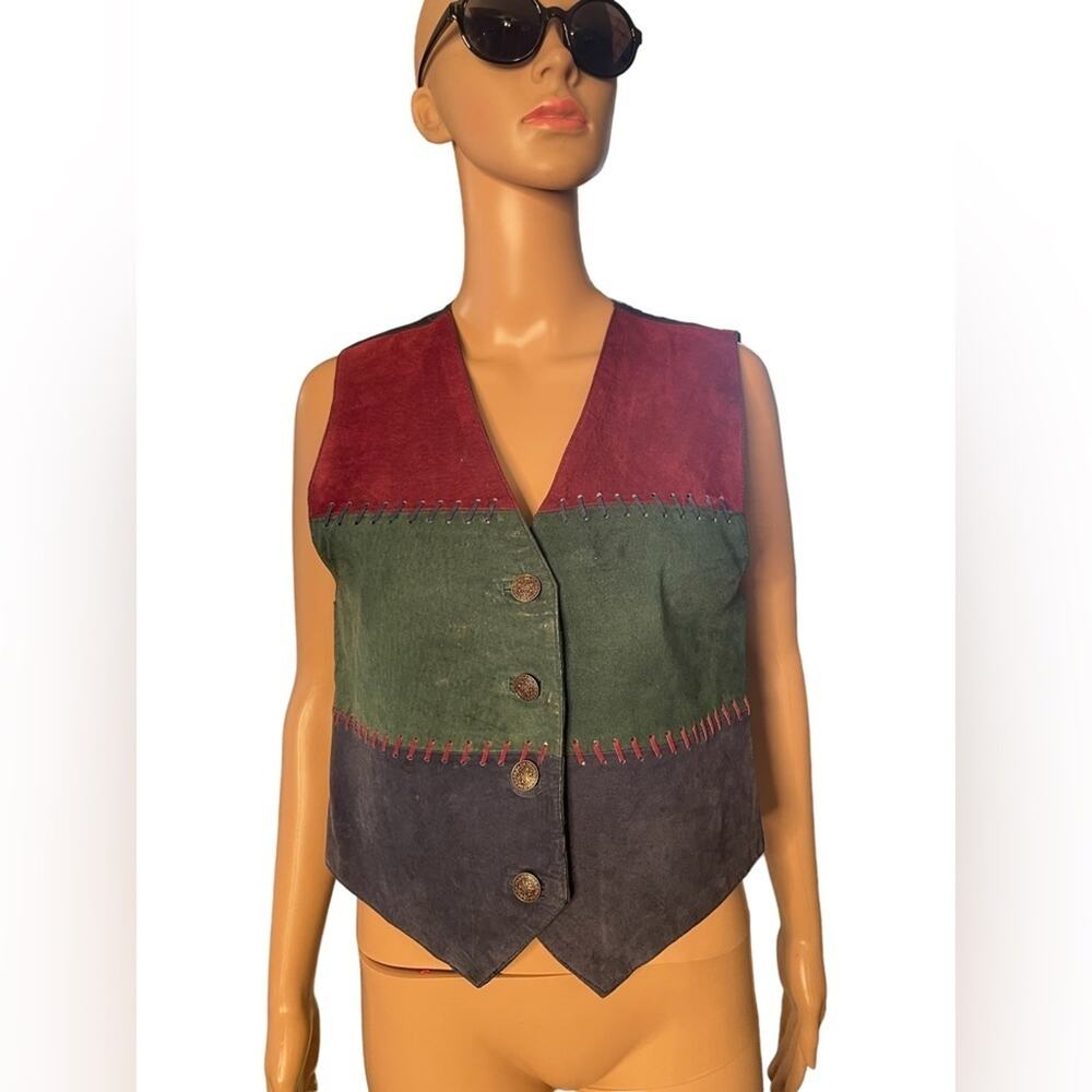 VTG G-III Leather Vest Womens S Black Blue Color Blocked Full Button Classic